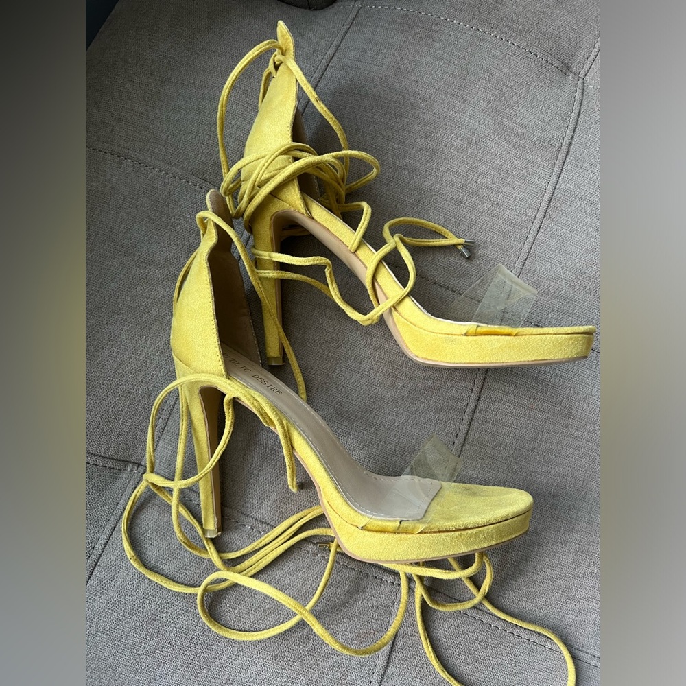 Public Desire Wrap Heels — size 7.5 loved. Suede material, strings wrap around